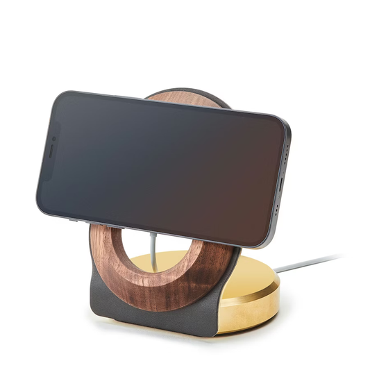 Walnut & Brass MagSafe Charging Stand | Solid Wood & C360 Brass