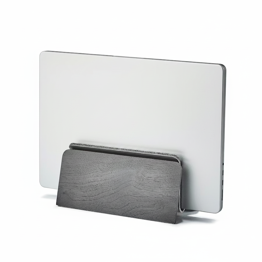 Blackened Walnut MacBook Dock | Vertical Laptop Stand with German Wool Felt