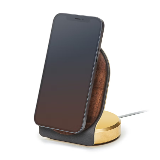 Walnut & Brass MagSafe Charging Stand | Solid Wood & C360 Brass