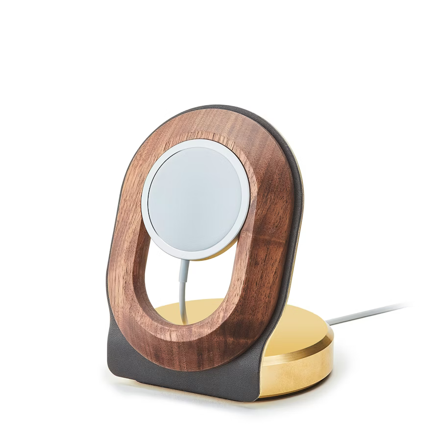Walnut & Brass MagSafe Charging Stand | Solid Wood & C360 Brass