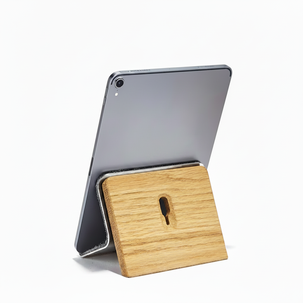 Oak iPad Stand | Solid Hardwood & Stainless Steel Tablet Holder